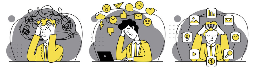 Man overwork in office, deadline vector illustration. Busy time of businessman in hard working. A lot of work. Stress at work. Manager holding hand on head flat cartoon office design. Vector set