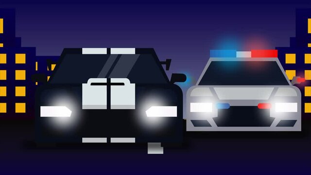 Animation of Cop Car Chasing a Criminal Car at night. Clip in High resolution.