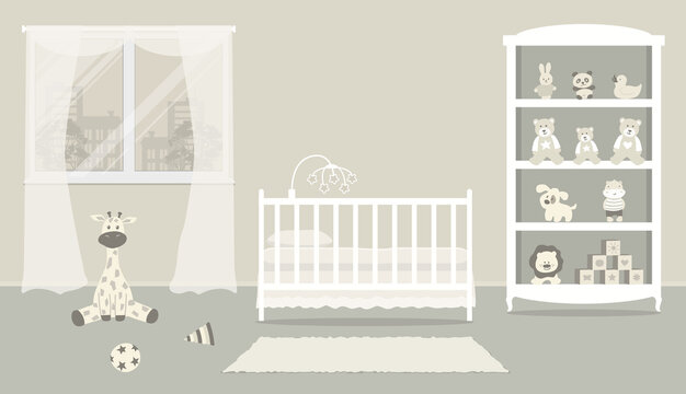 Kid's room for a baby. Interior bedroom for a child in a beige color. There is a cot, a wardrobe with toys, window and other things in the picture. Vector illustration