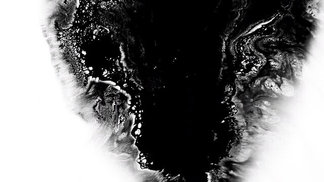 Set of abstract artistic ink splatters, droplets falling and spreading. Ink transition, ink bleed and bloom, drips on white surface. Spilling black paint on white background, watercolor swirls