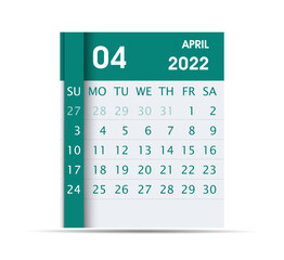2022 April Month Calendar Flat design. Calendar Leaf