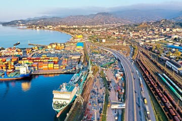 Fototapeta na wymiar Batumi, Georgia - May 1, 2021: Aerial view of the seaport