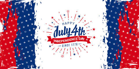 Happy July 4th, independence day, since 1776 design with firework burst design on vintage/grunge red, blue & star background. Promotional advertising banner template for Brochures, Poster, or Banner.  - obrazy, fototapety, plakaty