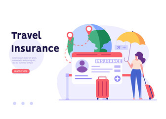 Travel Insurance Vector illustration. People traveling with insurance. Tourist with luggage in airport. Concept of insurance and health protection for travelers, safe vacation and traveling