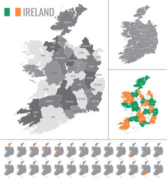 Detailed vector map of regions of Ireland with flag