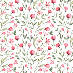 Seamless pattern with hand painted watercolor pink leaves