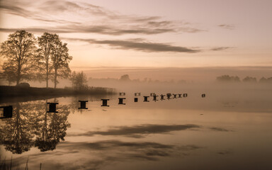 unset on the lake in the evening with fog.