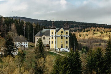 Rebuilt Church of the Assumption of the Virgin Mary in Neratov, Orlicke Mountains, Czech Republic.Important place of pilgrimage, has spectacular glass roof.Place with unique spiritual atmosphere