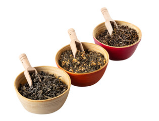 green tea, green tea with air rice in wooden plates with wooden spoons isolated on white background