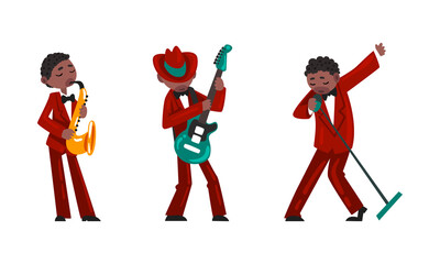Jazz Band, African American Musicians Singing and Playing Musical Instruments Cartoon Vector Illustration