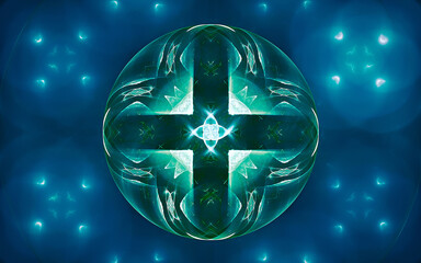 abstract illustration of a magic ball close up with a crosshair on the surface and a glowing flower inside against a background of blurry flares of blue color