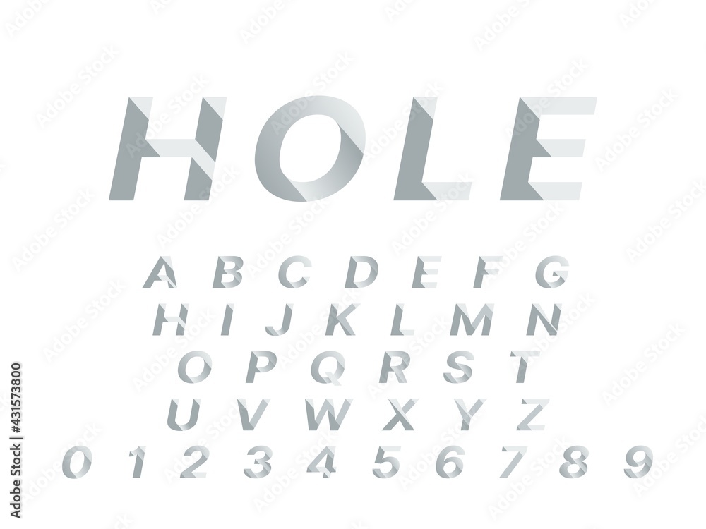 Poster hole font. 3d deep shadowed typography design, push deepening alphabet shapes, incline diagonally gr