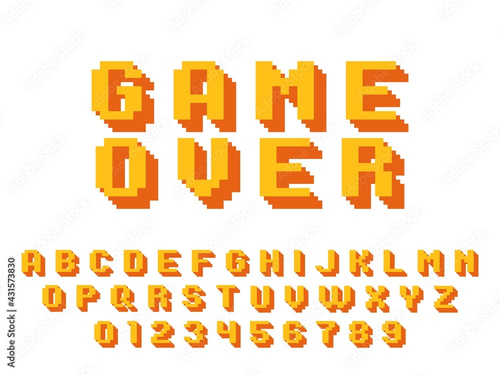 Fototapete pixel game font. 8 bit graphic 80s english language, retro square alphabet, robotic numbers and lett