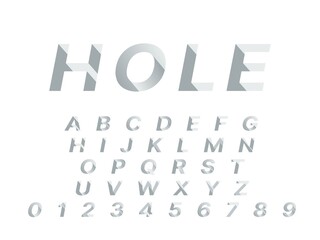 Hole font. 3d deep shadowed typography design, push deepening alphabet shapes, incline diagonally graphics numbers and letters. Cubic straight block modern typeset. Vector isolated set