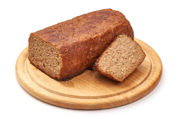 Homemade baked turkey meatloaf, isolated on white background