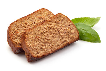 Homemade baked turkey meatloaf, isolated on white background
