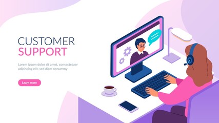 Isometric support service. Remote IT helping, woman with headset in workplace, round the clock web consultant, customers hotline, online communication, call operator landing page vector concept