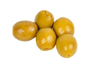 Many green olives pitted isolated on the white background