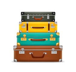 Pile vintage suitcases. Realistic old fashioned colorful briefcases stack, travel bags pyramid, ream luggage with locks and handles. Vacation symbol. Vector isolated on white concept