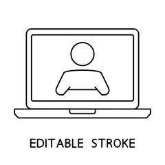 Laptop icon. Thin frame notebook or ultrabook. Simple flat symbol of laptop computer. Perfect black outline pictogram icon with man on the monitor. Editable stroke