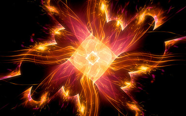 abstract illustration of a magic crystal of orange color rotating in the center of the composition with bright waves and sparkles around on the background of a geometric pattern with a glowing outline