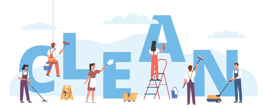 Cleaners group. Professional hygienic servicing, teamwork washing big letters, people use detergent equipment. Men and women janitors, industrial and residential premises vector concept