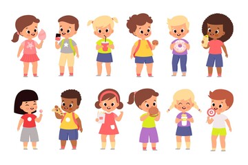 Kids with fast food. Cute children hold burgers, pizza and donuts, harmful snack, diet and nutrition, unhealthy calorie products. Hungry boys and girls standing. Vector cartoon isolated set