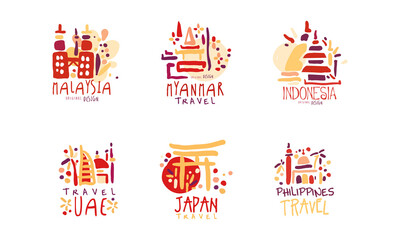Travel Logo Design with Different Destinations Vector Set