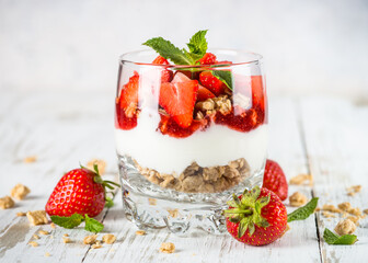 Greek yogurt parfait with strawberry.