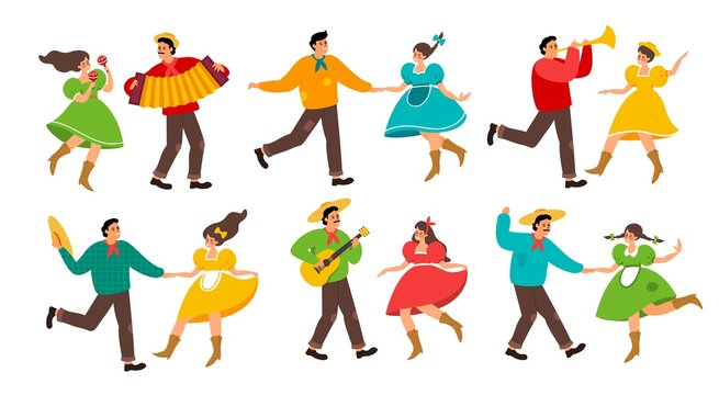 Festa Junina people. Brazilian folk festival, dancers and musicians in festive costumes, holiday country party, women and men in traditional dress with musical instruments vector isolated set