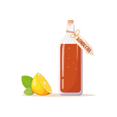 Glass bottle of kombucha tea, label with an inscription, next to juicy lemon and green mint leaves. Mushroom, Fermented probiotic homemade tea. Vector illustration isolated on white background