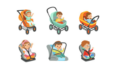 Little Toddlers Sitting in Baby Carriage or Pram Vector Set