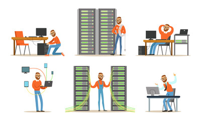 Young Bearded Man Engaged in Repair and Maintenance of Servers and Computers Vector Set