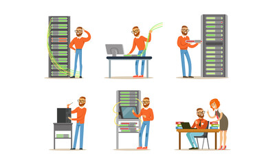 Young Bearded Man Engaged in Repair and Maintenance of Servers and Computers Vector Set