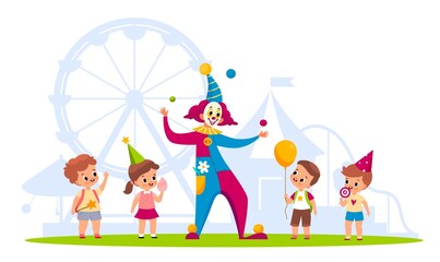 Clown with kids. Cheerful children and funny juggler in carnival costume, cute boys and girls in park or circus, birthday celebration juggling balls performance. Vector cartoon concept