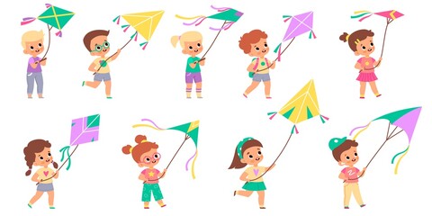 Kids with kites. Happy children fly color kite into sky collection, different colors design shapes, cute boys and girls with wind controlled toys, people hobbies vector cartoon isolated set