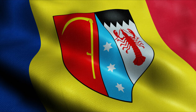 3D Waving Romania County Flag of Botosani Closeup View