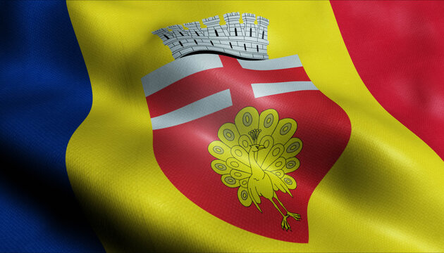 3D Waving Romania City Flag of Botosani Closeup View