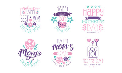 Happy Mother Day Original Design with Pink Florets Vector Set