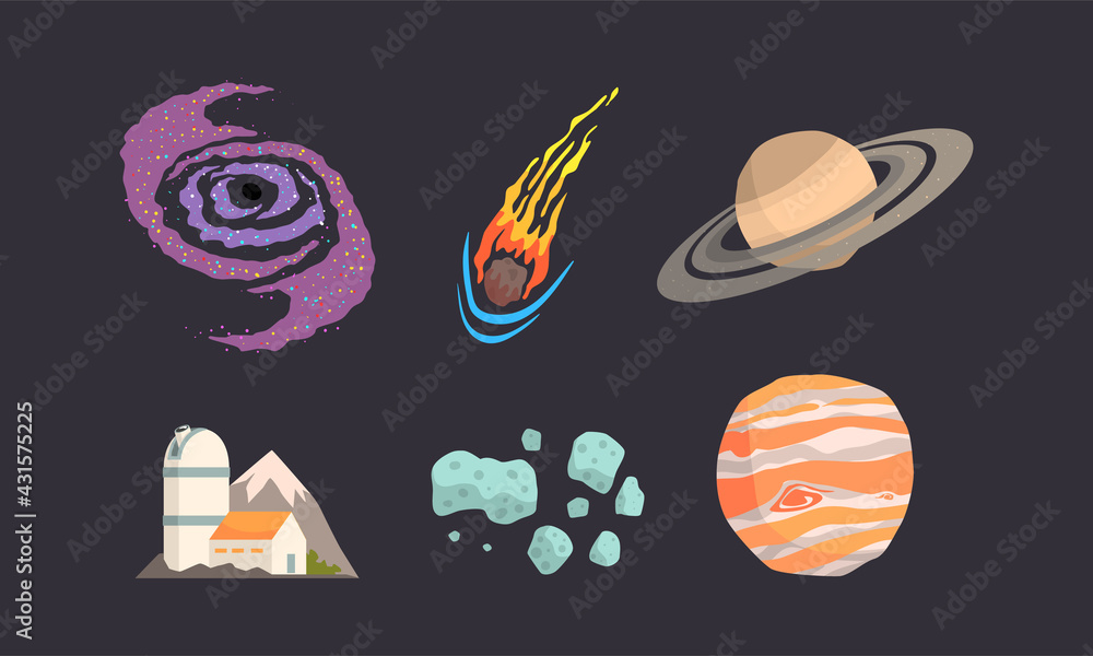 Poster observatory station and solar system planets and asteroids vector set