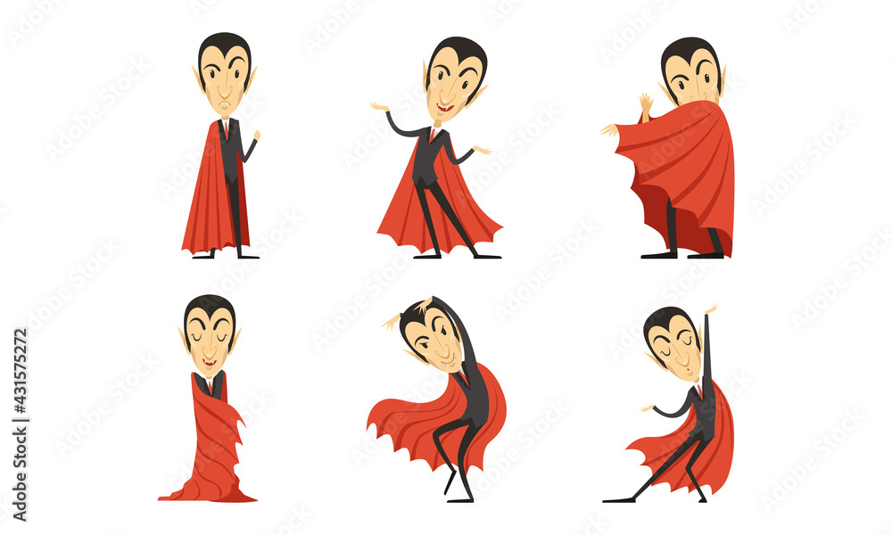 Poster count dracula wearing red cape as vampire character from fiction book vector set