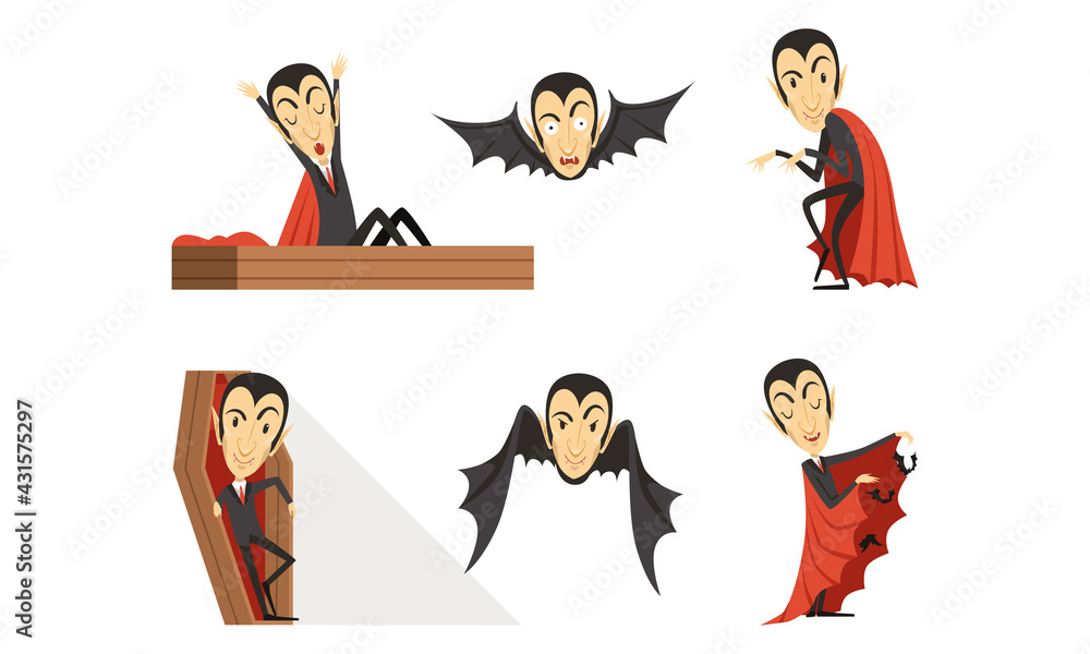 Poster count dracula wearing red cape as vampire character from fiction book vector set