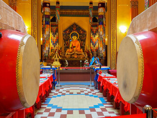 large ritual drums in the interior of a Buddhist temple.