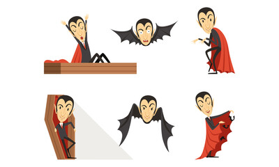 Count Dracula Wearing Red Cape as Vampire Character from Fiction Book Vector Set