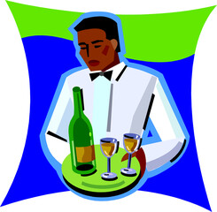 The Negro waiter brought in a bottle of champagne and two glasses. Waiter at a party, birthday. Vector file