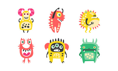Cute Cartoon Monsters with Smiling Faces and Funky Shapes Vector Set