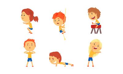 Little Boy and Girl Engaged in Physical Education and Athletics Jumping Over Pommel Horse and Stretching Vector Set
