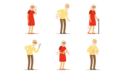 Senior People Characters Having Health Problem and Disease Vector Illustration Set