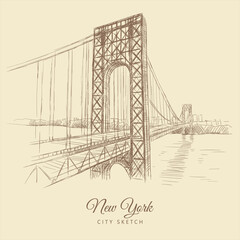 Sketch of a bridge over the river, New York, hand-drawn.	
