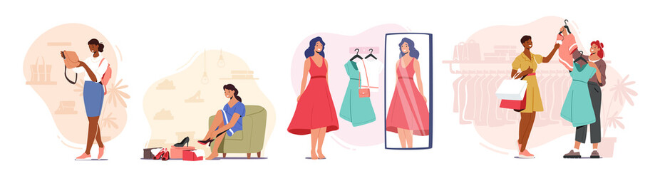 Young Stylish Women Choosing New Fashioned Dress, Bag and Shoes in Store. Girls Buying Garment and Accessories in Mall